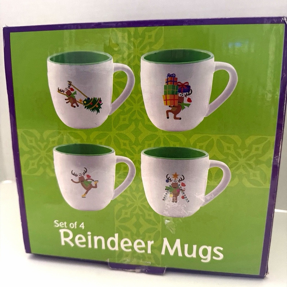 Set of 4 Christmas Reindeer Mugs White Green Ceramic Holiday Coffee Cups PAI